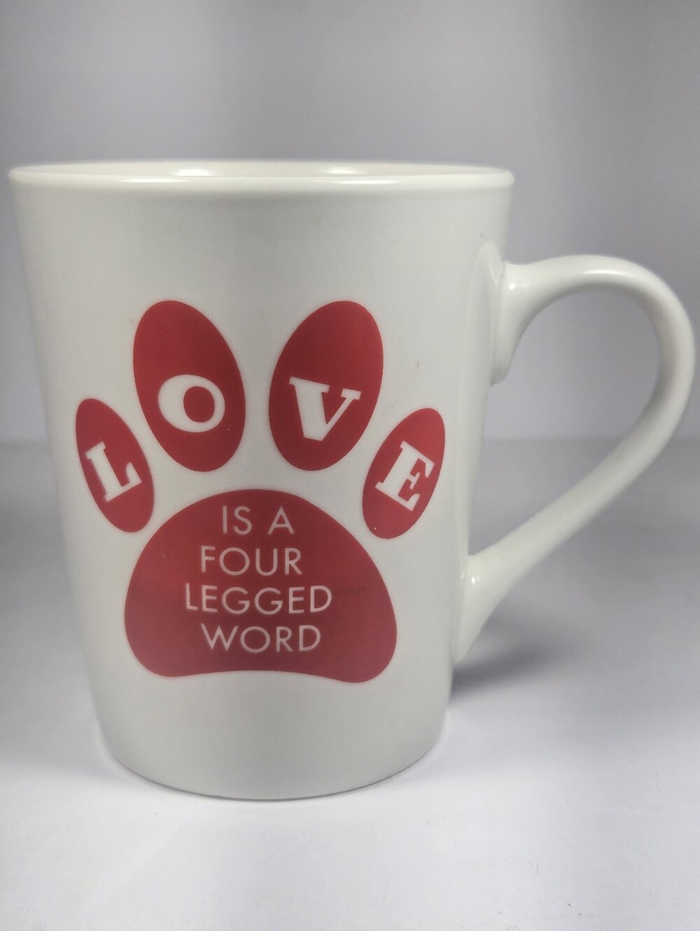 White Ceramic Mug with Red Paw Print "LOVE is a Four Legged Word" Royal Norfolk